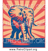 Clipart of a Retro Elephant over Beige and Red Rays by Patrimonio