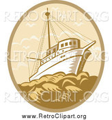 Clipart of a Retro Fishing Boat at Sea in a Tan and Brown Oval by Patrimonio