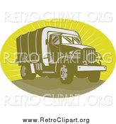 Clipart of a Retro Green Army Truck in an Oval of Rays by Patrimonio