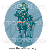 Clipart of a Retro Horseback Jockey in a Blue Oval by Patrimonio