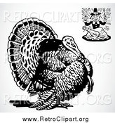 Clipart of a Retro Hungry Pilgrim and a Big Turkey Bird over Shading by BestVector