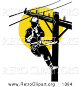 Clipart of a Retro Lineman on a Pole Against a Sunset by Patrimonio