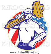 Clipart of a Retro Locksmith Man Carrying a Key over an American Circle by Patrimonio