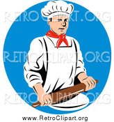 Clipart of a Retro Male Chef Using a Rolling Pin over a Blue Circle by Patrimonio