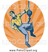 Clipart of a Retro Male Construction Worker Logo and Hook by Patrimonio