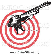 Clipart of a Retro Male Hunter Aiming Upwards and to the Right over a Red Target by Patrimonio