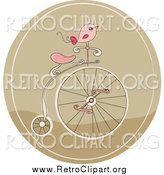 Clipart of a Retro Pink Bird on a Penny Farthing Bicycle in a Brown Circle by Yayayoyo