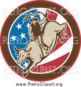 Clipart of a Retro Rodeo Cowboy Riding a Bull in an American Flag Circle by Patrimonio