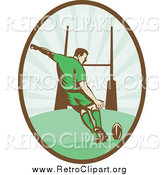 Clipart of a Retro Rugby Football Player Kicking in an Oval by Patrimonio