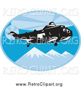 Clipart of a Retro Search and Rescue Helicopter Above Mountains by Patrimonio