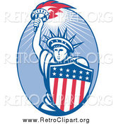Clipart of a Retro Statue of Liberty and American Shield Oval by Patrimonio