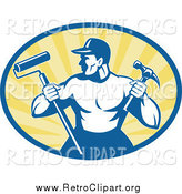 Clipart of a Retro Strong Handyman Holding a Paint Roller and Hammer by Patrimonio