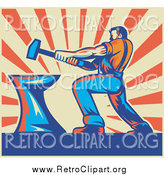 Clipart of a Retro Strong Male Blacksmith Hammering over Beige and Orange Rays by Patrimonio