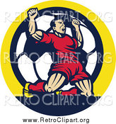 Clipart of a Retro Victorious Male Athlete Cheering on His Knees over a Soccer Ball in a Circle by Patrimonio
