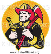 Clipart of a Retro White Male Fireman with an Axe and Hose over Orange Rays by Patrimonio