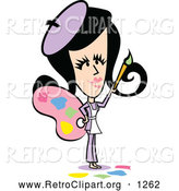 Clipart of a Retro Woman Artist in Purple, Holding a Palette and Paintbrush by Andy Nortnik