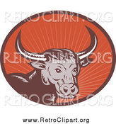 Clipart of a Retro Woodcut Longhorn Bull in an Oval of Rays by Patrimonio