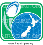 Clipart of a Rugby Ball Flying Around a New Zealand Globe in a Retro Green Square by Patrimonio