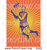 Clipart of a Rugby Player Jumping over Sun Rays to Catch a Ball by Patrimonio