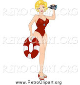 Clipart of a Sexy Lifeguard Pinup Girl with a Life Buoy and Binoculars by BNP Design Studio