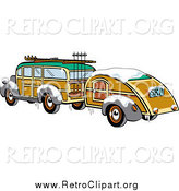 Clipart of a Winter Woody Sedan Car with Skis and a Trailer by Andy Nortnik