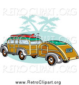 Clipart of a Woody Car with Surfboards on the Roof, Pulling a Trailer over Green with Palm Trees by Andy Nortnik