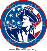 Clipart of an American Revolutionary War Soldier over a Retro Flag Circle by Patrimonio