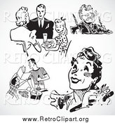 Clipart of Black and White Retro People and Food by BestVector