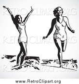 Clipart of Retro Black and White Ladies in the Surf at the Beach by BestVector