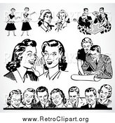 Clipart of Retro Black and White Men and Women over Shading by BestVector