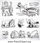 Clipart of Retro Black and White People Fishing by BestVector