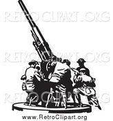 Clipart of Retro Black and White Soldiers Setting up a Military Gun by BestVector