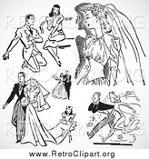 Clipart of Retro Black and White Wedding Couples on Gray Shading by BestVector