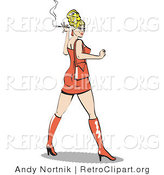 Retro Clipart of a Attractive Blond Bombshell Woman Wearing a Tight Orange Dress Looking Back and Smoking a Cigarette by Andy Nortnik