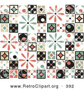 Retro Clipart of a Background of Colorful Retro Patchwork Tiles with Flowers, Diamonds and Circle Patterns by Steve Klinkel
