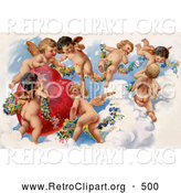 Retro Clipart of a Beautiful Painting of a Group of Playful Cherubs in the Clouds of Heaven, Decorating a Red Heart in Floral Garlands, Circa 1909 by OldPixels