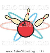 Retro Clipart of a Big Red Bowling Ball Hitting Three Bowling Pins by Andy Nortnik