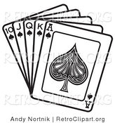 Retro Clipart of a Black and White Hand of Cards Showing a 10, Jack, Queen, King and Ace of Spades by Andy Nortnik