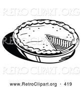 Retro Clipart of a Black and White Outline of a Freshly Baked Pumpkin Pie in a Pan, Missing One Slice, Served for Thanksgiving Dessert by Andy Nortnik