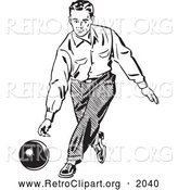 Retro Clipart of a Black and White Retro Man Bowling by BestVector