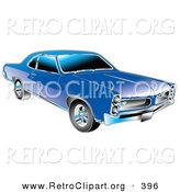 Retro Clipart of a Blue 1966 Pontiac GTO Muscle Car with Silver Detailing on the Front End and Around the Windows by Andy Nortnik