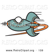 Retro Clipart of a Blue Rocket with Orange Studs Flying Through Outer Space on White by Andy Nortnik