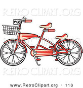 Retro Clipart of a Brand New Red Tandem Bicycle with a Basket on the Front over White by Andy Nortnik