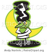 Retro Clipart of a Bride of Frankenstein Standing in Front of a Crescent Moon and Wearing a StraightJacket by Andy Nortnik