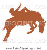 Retro Clipart of a Brown Silhouette of a Cowboy Riding a Bucking Bronco in a Country Rodeo by Andy Nortnik
