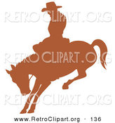 Retro Clipart of a Brown Silhouette of a Cowboy Riding a Bucking Bronco in a Rodeo Looking Left by Andy Nortnik