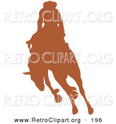 Retro Clipart of a Brown Silhouetted Cowboy Riding a Bucking Bronco in a Rodeo to the Left by Andy Nortnik