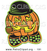 Retro Clipart of a Carved Jack O Lantern Pumpkin Wearing a Hat and Bowtie and Grinning While Smoking a Pipe by Andy Nortnik