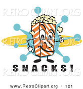 Retro Clipart of a Cheerful Popcorn Carton Character Filled with Buttery Popcorn Pointing down at Text Reading "Snacks" at a Movie Theater by Andy Nortnik