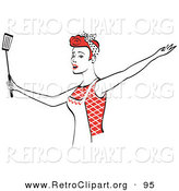 Retro Clipart of a Cheerful Red Haired Housewife Wearing an Apron and Dancing with a Spatula While Singing by Andy Nortnik